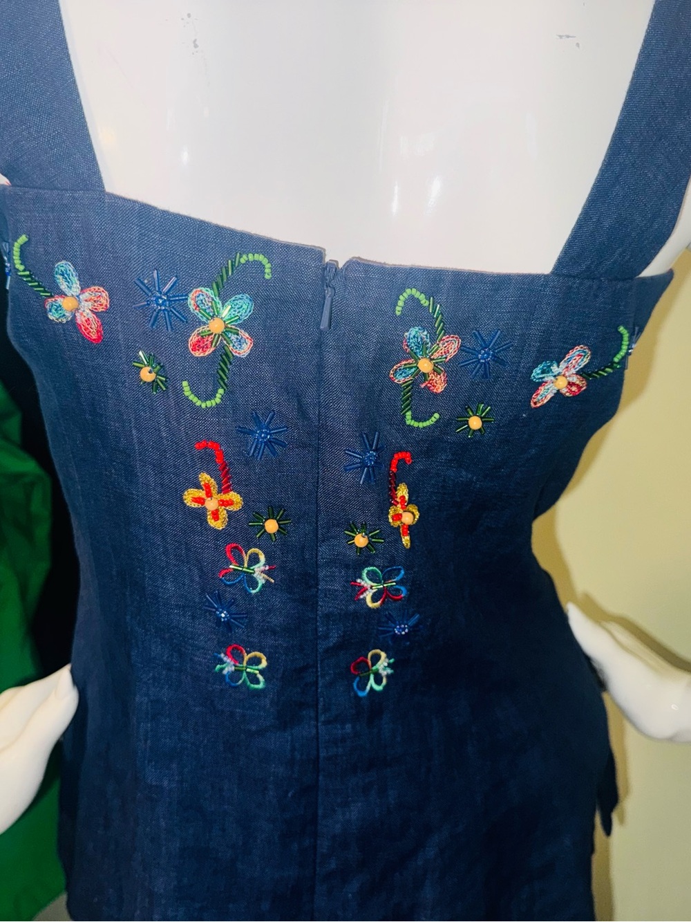 👑 Size 4 Designer Donna Morgan Navy Embroidered Denim Tank Dress - Picture 13 of 16